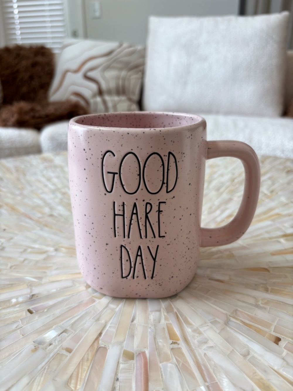 Rae Dunn Pink Speckled "GOOD HARE DAY" Ceramic Mug